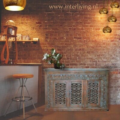 antiek stijl blue washed Jodhpur dressoir of lage kast van mango hout uit India -  152 (b)*41 (d)*102 (h) cm