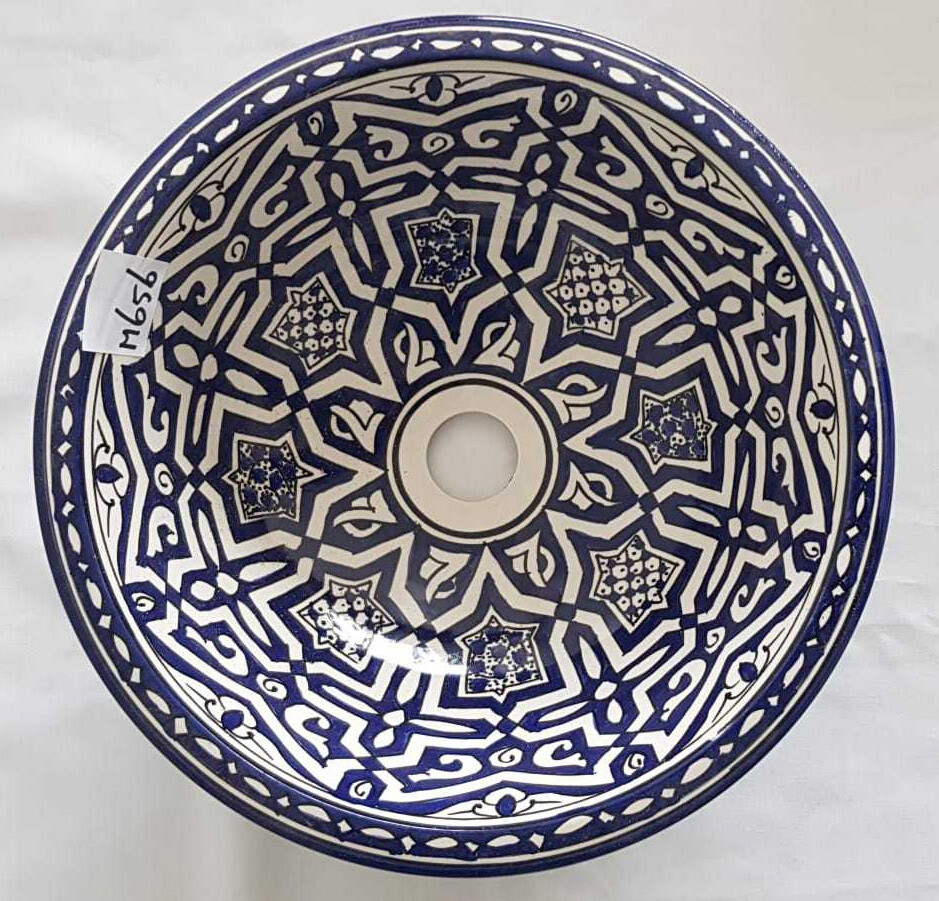 Marokkaanse waskom voor badkamer wastafel - donkerblauw  (nr M656) - aardewerk (opbouw) wasbak uit Fez - Ø 35 cm