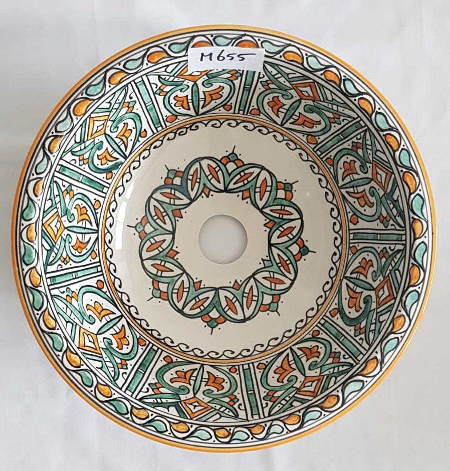 Marokkaanse waskom met aqua en oranje tinten - aardewerk (opbouw) wasbak uit Fez - Ø 35 cm