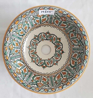 Marokkaanse waskom met aqua en oranje tinten - aardewerk (opbouw) wasbak uit Fez - Ø 35 cm