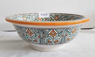 Marokkaanse waskom met aqua en oranje tinten - aardewerk (opbouw) wasbak uit Fez - Ø 35 cm