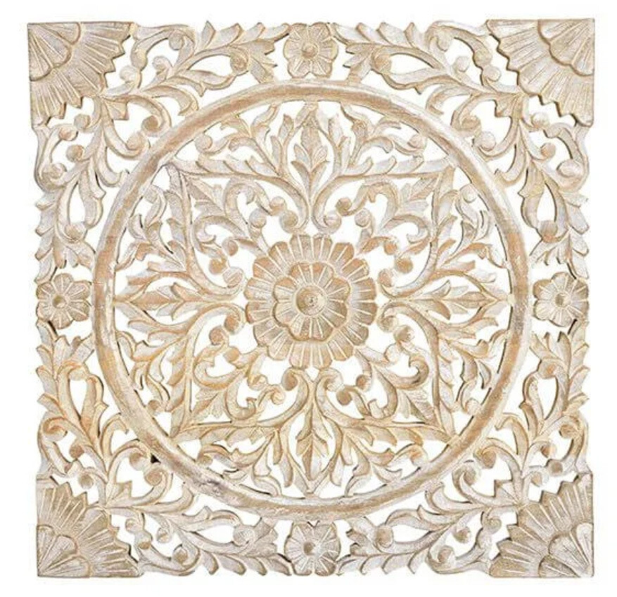 lotus mandala wandpaneel van massief mangohout - white wash - houtsnijwerk muurdecoratie
