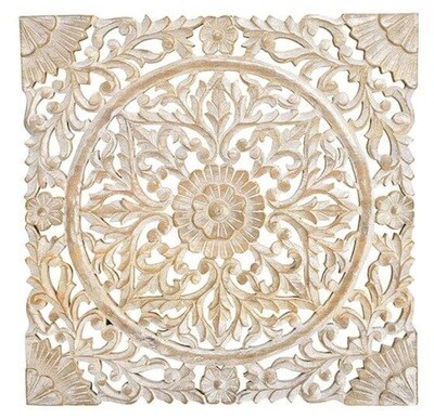 lotus mandala wandpaneel van massief mangohout - white wash - houtsnijwerk muurdecoratie