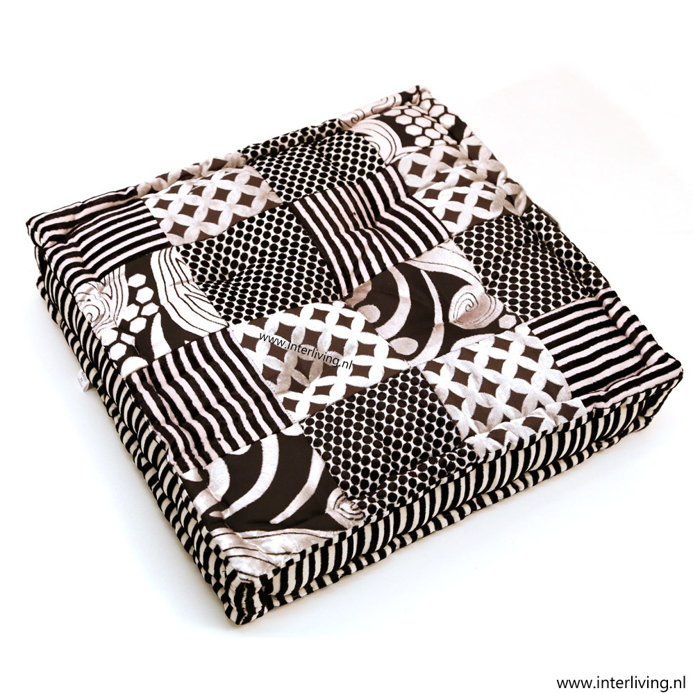 vloerkussen velvet patchwork zwart wit 45 x 45 x 10 cm