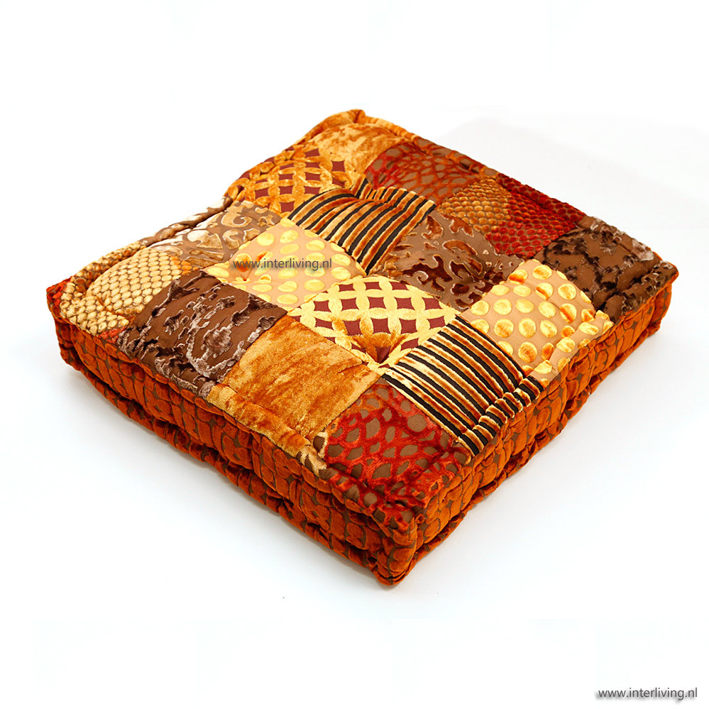 vloerkussen velvet patchwork kopergoud tinten 45 x 45 x 10 cm