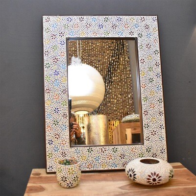 spiegel rechthoek van wit &amp; kleurrijke Bohemian bloemen patroon kraaltjes -  flower design - 80 cm x 65 cm