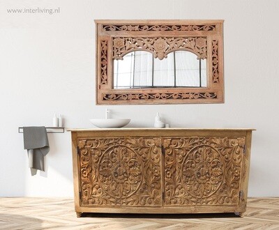 Dressoir onbehandeld mangohout met lotus houtsnijwerk 150 x 76 x 40 cm met lades