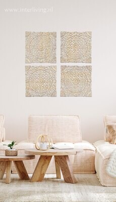 lotus mandala wandpaneel van massief mangohout - white wash - houtsnijwerk muurdecoratie