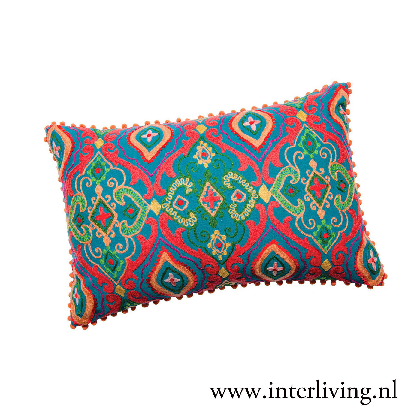 Boho kussenhoes - 40 x 60 cm met geometrisch bont borduurwerk op zwart uit India & pompom rand, kleur: blauw