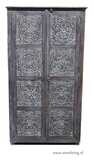 Ibiza kast van hout met lotus houtsnijwerk uit India  - 180 cm hoog -  8 panelen met houtsnijwerk - greywashed finish met 2 deuren