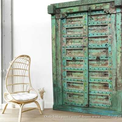 houten vintage India poort aqua - set van twee oude deuren - decoratief oosters houtsnijwerk - kozijnen rondom - 235 cm (h) x 160 cm (b) Bohemian Ibiza eclectische stijl houten vintage India poort aqua - set van twee oude deuren - decoratief oosters houtsnijwerk - kozijnen rondom - 235 cm (h) x 160 cm (b) Bohemian Ibiza eclectische stijl