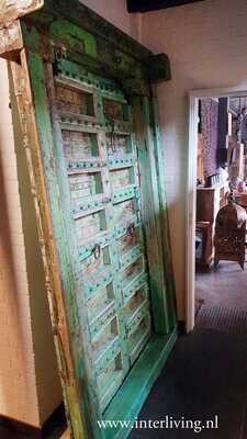 houten vintage India poort aqua - set van twee oude deuren - decoratief oosters houtsnijwerk - kozijnen rondom - 235 cm (h) x 160 cm (b) Bohemian Ibiza eclectische stijl
