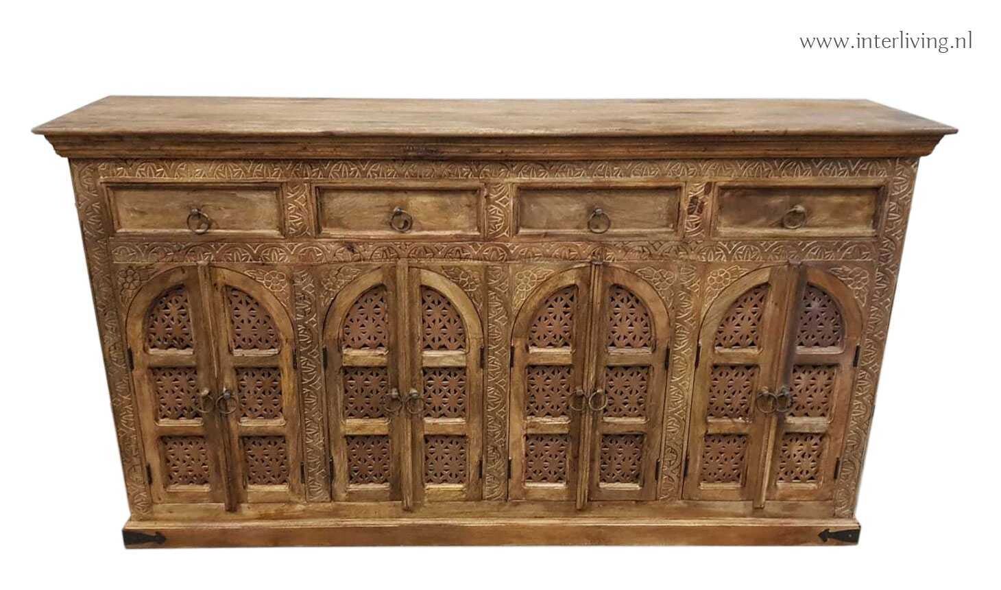 Boho Dressoir  mangohout met 8 deuren en 4 laden 175 x 100 x 40 cm