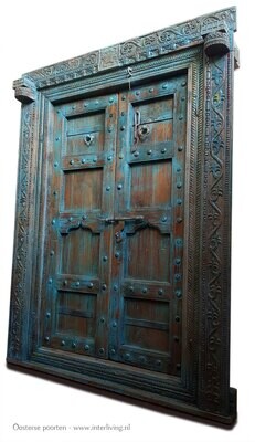 houten vintage India poort turquoise - set van twee oude deuren - decoratief oosters houtsnijwerk - in zware omlijsting - 200 cm (h) x 150 cm (b) Bohemian Ibiza eclectische stijl