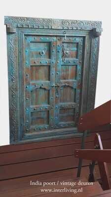 houten vintage India poort turquoise - set van twee oude deuren - decoratief oosters houtsnijwerk - in zware omlijsting - 200 cm (h) x 150 cm (b) Bohemian Ibiza eclectische stijl houten vintage India poort turquoise - set van twee oude deuren - decoratief oosters houtsnijwerk - in zware omlijsting - 200 cm (h) x 150 cm (b) Bohemian Ibiza eclectische stijl