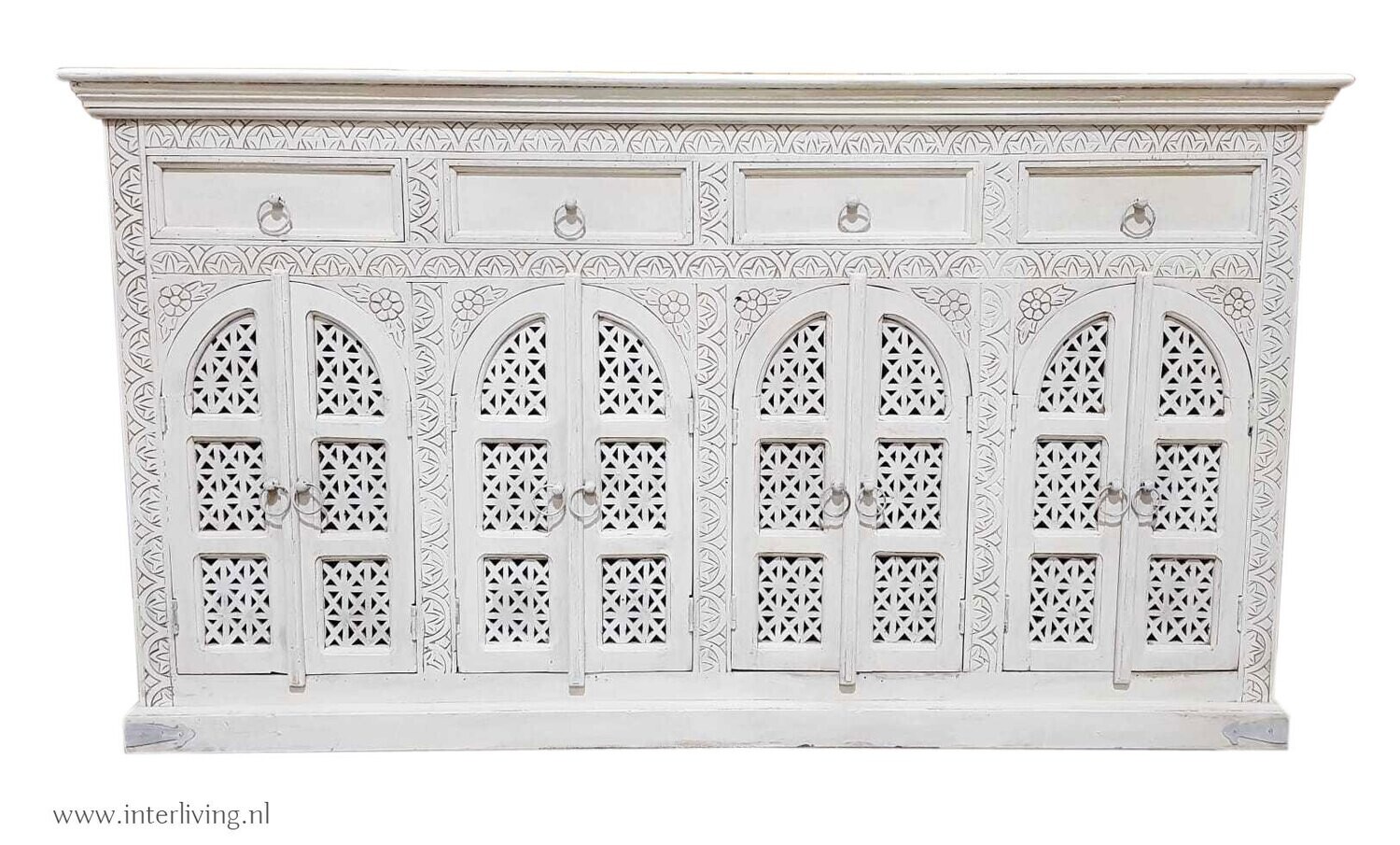 Boho Dressoir  mangohout - wit - met 8 deuren en 4 laden 175 x 100 x 40 cm