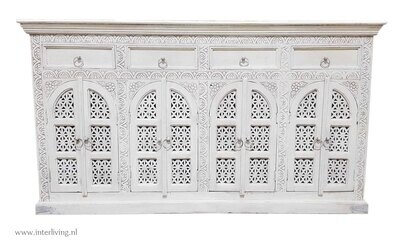 Boho Dressoir  mangohout - wit - met 8 deuren en 4 laden 175 x 100 x 40 cm