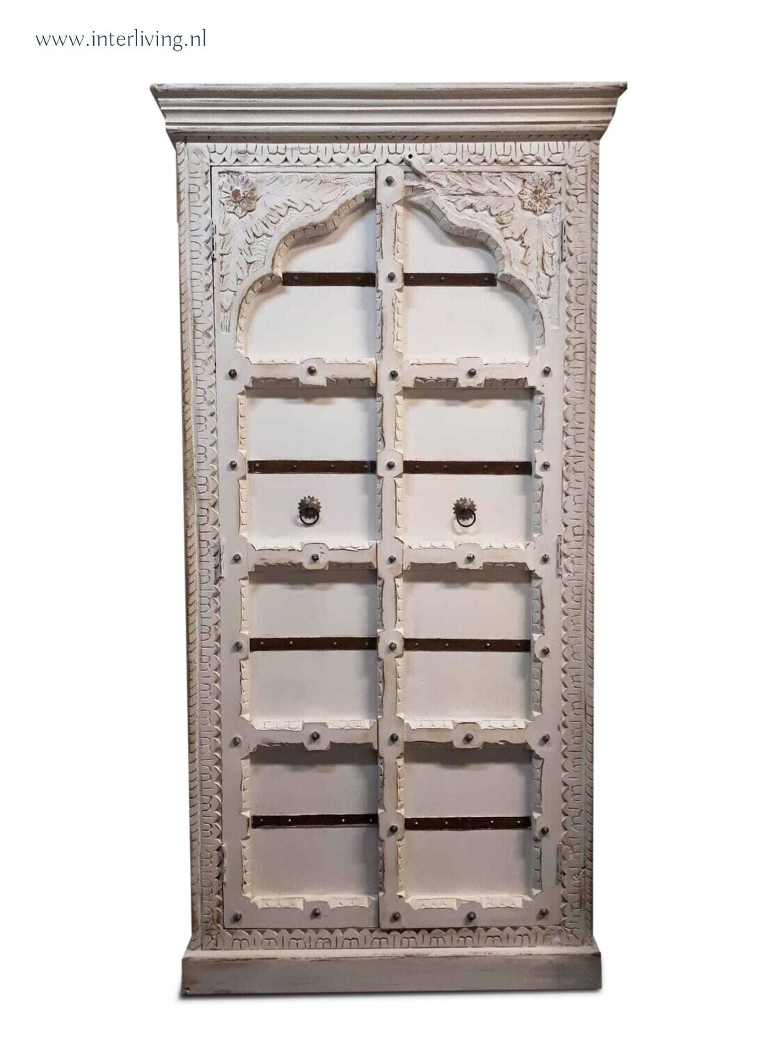 2 deurs kast - vintage white wash - massief mango hout met authentiek houtsnijwerk uit India - 180 cm hoog