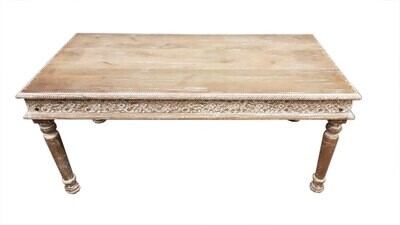 eettafel van massief mango hout met houtsnijwerk lotus & ibiza wash finish