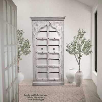 2 deurs kast - vintage white wash - massief mango hout met authentiek houtsnijwerk uit India - 180 cm hoog