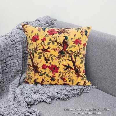 Bohemian fluweel zacht kussen - helder geel - Birds in Paradise botanische print met bloemen van velours / velvet) - 40 cm