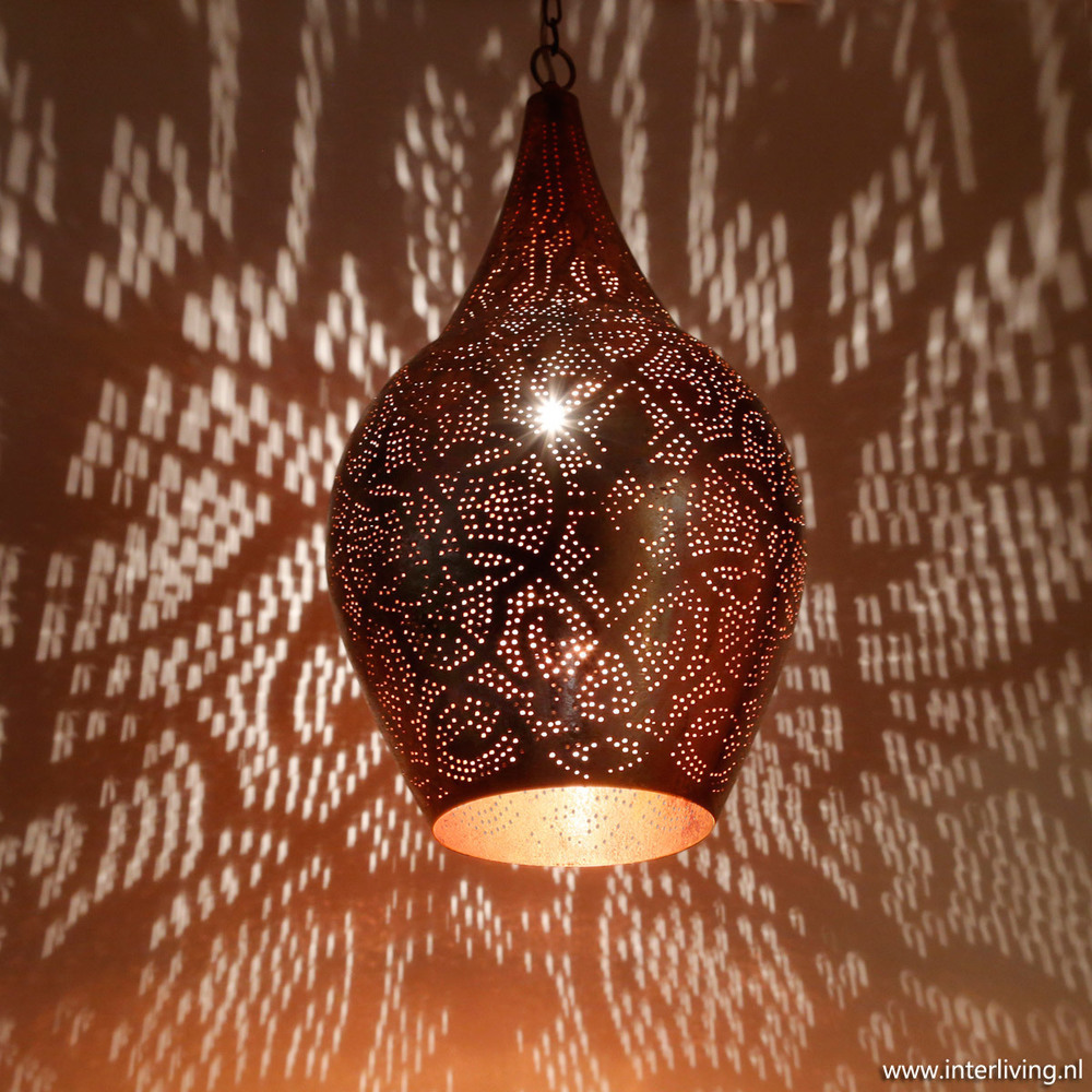 Hanglamp vaas model in filigrain-stijl met vintage koper look afwerking + gratis bijpassende set waxinehouders!