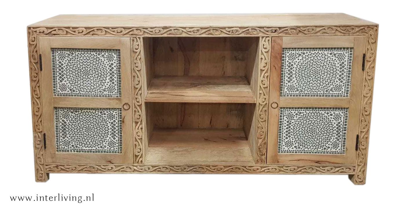 TV kast van mangohout - 150x76x40 cm - natural hout met houtsnijwerk en transparant glasmozaiek