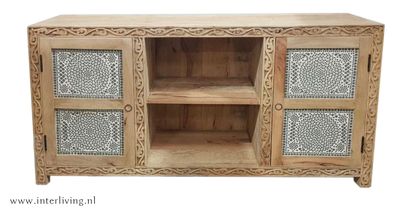 TV kast van mangohout - 150x76x40 cm - natural hout met houtsnijwerk en transparant glasmozaiek