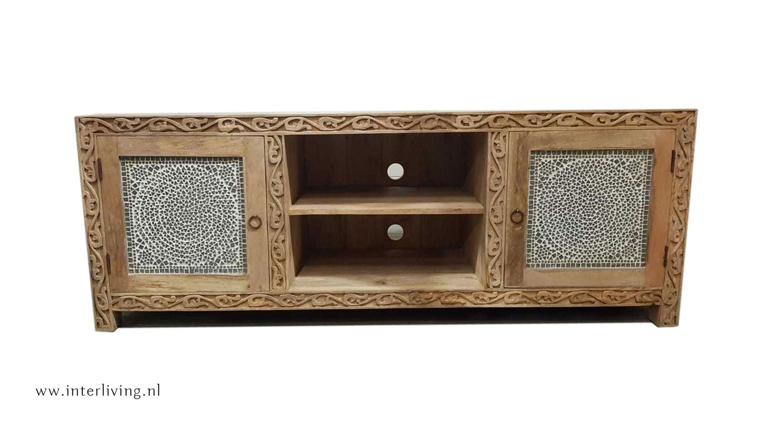 TV kast van mangohout - 150x50x40 cm - natural hout met houtsnijwerk en transparant glasmozaiek