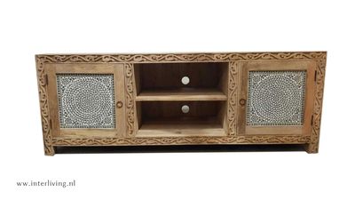TV kast van mangohout - 150x50x40 cm - natural hout met houtsnijwerk en transparant glasmozaiek