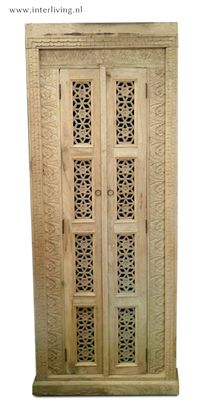 Massief mango houten kast Jodhpur - naturel -  met houtsnijwerk uit India - hoog smal model -200*76*40 cm