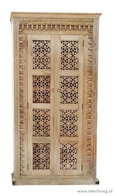 Kast XL -  naturel massief mango hout - Jodhpur houtsnijwerk paneeldeuren uit Rajasthan India - hoog model -190*110*40 cm met legplanken