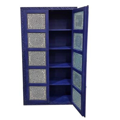 Hoge mangohouten kast "deep blue"  - 180*90*40 cm met blauw glasmozaïek