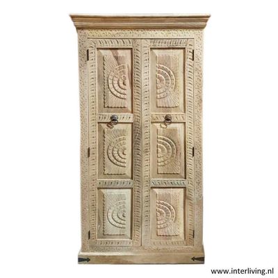 Ibiza kast "Sunshine" - hoge mangohouten kast 180*90*40 cm met houtsnijwerk