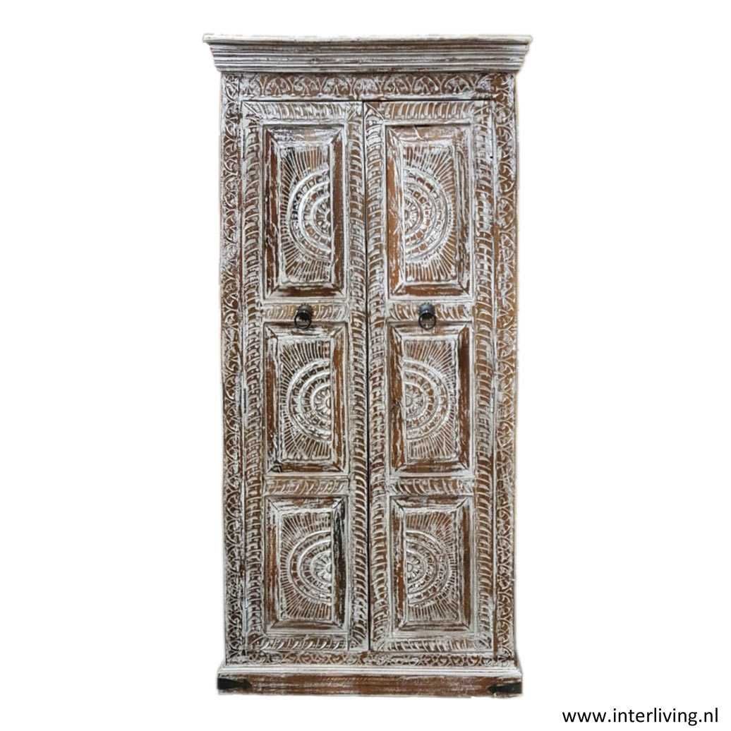 Ibiza kast "Sunshine" - hoge mangohouten kast 180*90*40 cm met houtsnijwerk - vintage white wash