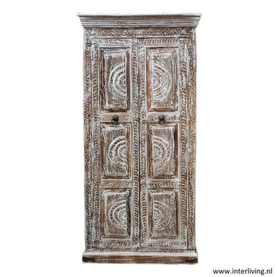 Ibiza kast &quot;Sunshine&quot; - hoge mangohouten kast 180*90*40 cm met houtsnijwerk - vintage white wash