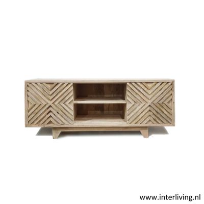 tv-dressoir van naturel beige mango hout - abstract houtsnijwerk
