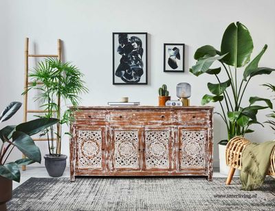 groot dressoir "vintage white washed" mangohout met 4 deuren en 4 laden 175 x 100 x 40 cm