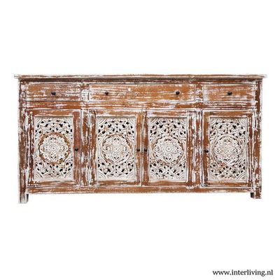 groot dressoir "vintage white washed" mangohout met 4 deuren en 4 laden 175 x 100 x 40 cm