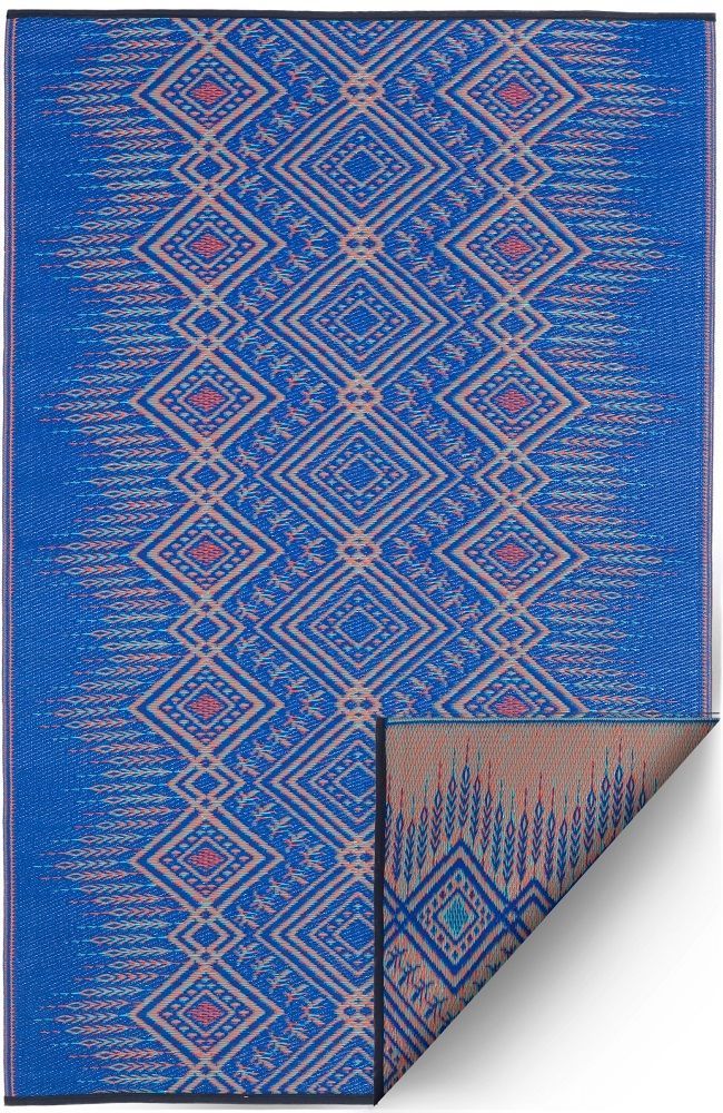 oosters tuinkleed - buitenkleed - blauw kelim patroon - eco recycled plastic terraskleed - balkonkleed