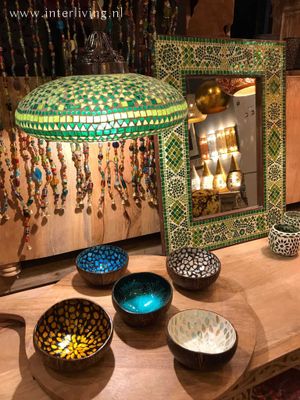 retro groene open hanglamp -  glasmozaïek met donker brass armatuur Marrakesh style - 38 cm - botanische styling