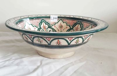 Marokkaanse waskom met gekleurde patronen - groen met rode accenten - (nr L700) - aardewerk (opbouw) wasbak uit Fez - Ø 40 cm