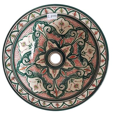Marokkaanse waskom met gekleurde patronen - groen met rode accenten -  (nr L700) - aardewerk (opbouw) wasbak uit Fez - Ø 40 cm