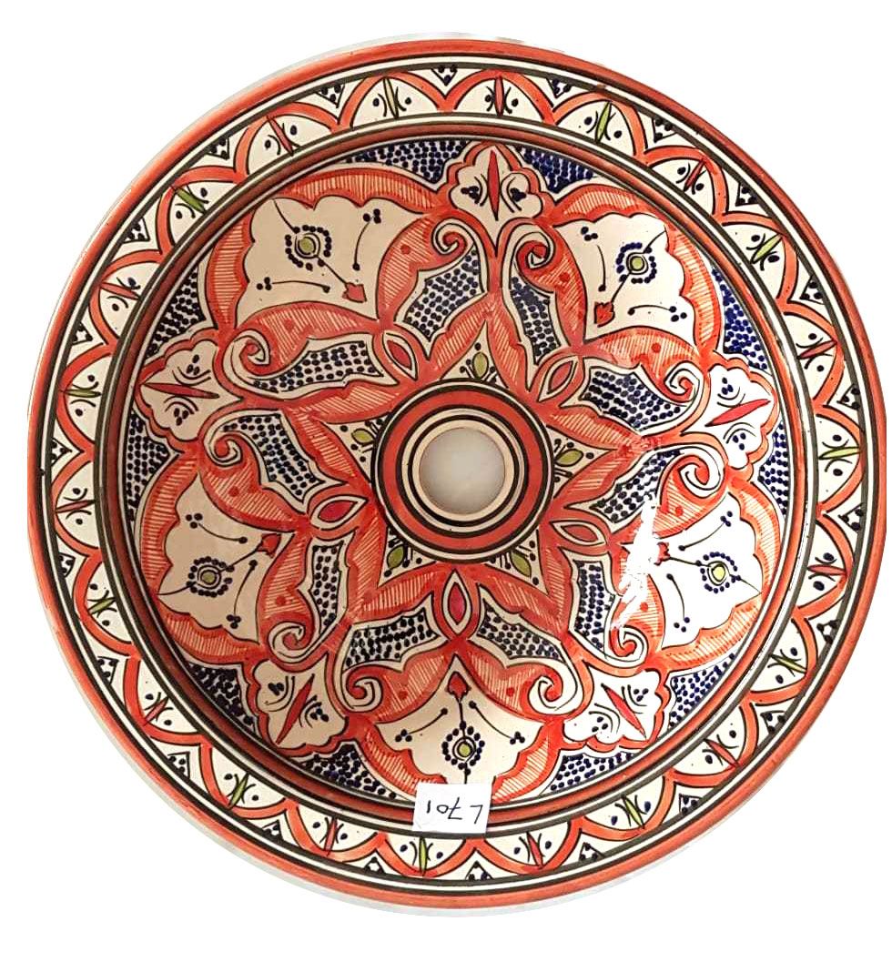 Marokkaanse waskom - rode kleurstelling -  "L701" - aardewerk (opbouw) wasbak uit Fez - Ø 40 cm