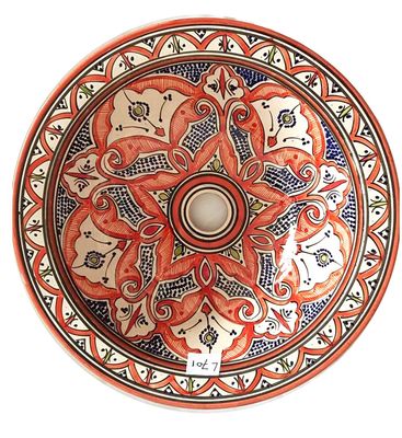 Marokkaanse waskom - rode kleurstelling -  "L701" - aardewerk (opbouw) wasbak uit Fez - Ø 40 cm