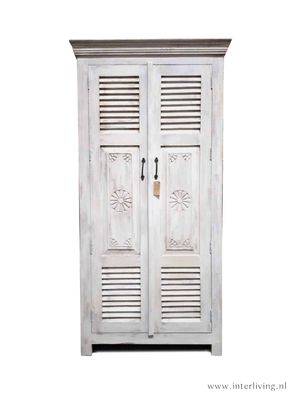 Ibiza kast / massief hoge mangohouten kast 180*90*40 cm met oude luiken (shutters) en houtsnijwerk - white wash