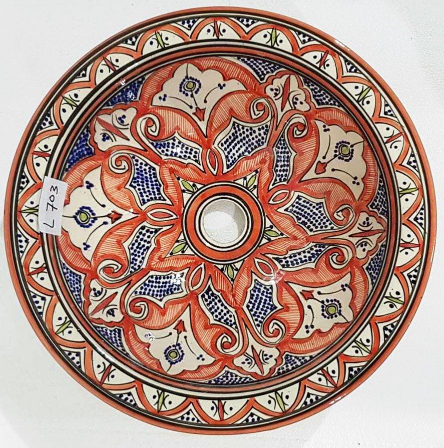Marokkaanse waskom - rode kleurstelling -  "L703" - aardewerk (opbouw) wasbak uit Fez - Ø 40 cm
