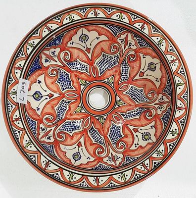 Marokkaanse waskom - rode kleurstelling -  "L703" - aardewerk (opbouw) wasbak uit Fez - Ø 40 cm
