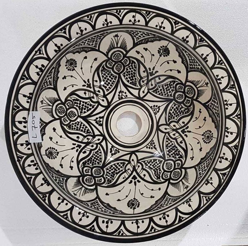 Marokkaanse waskom - zwart wit -  "L705" - aardewerk (opbouw) wasbak uit Fez - Ø 40 cm