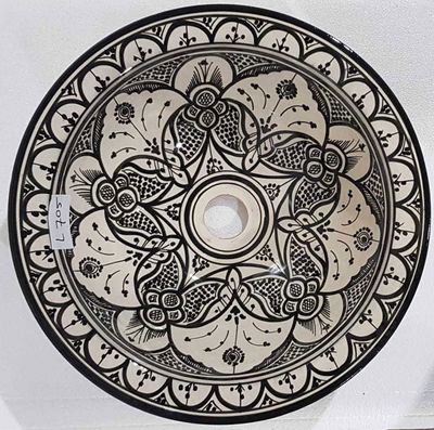 Marokkaanse waskom - zwart wit -  "L705" - aardewerk (opbouw) wasbak uit Fez - Ø 40 cm